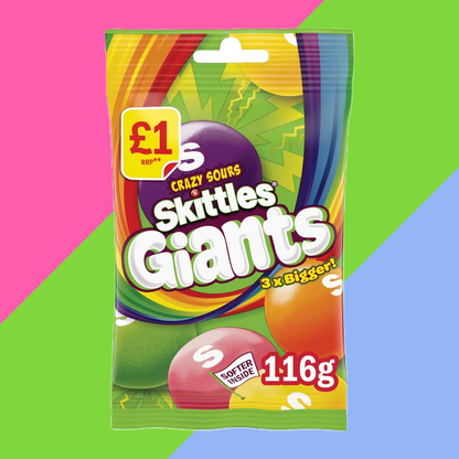 Skittles Giants Sour Vegan Chewy Sweets £1 PMP 14x116g